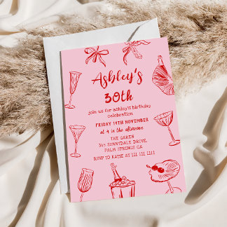 Pink Hand Drawn Funky 30th Birthday Party Invitation
