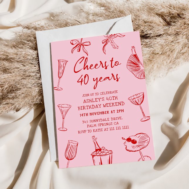 Pink Hand Drawn Funky 40th Birthday Party Invitation (Creator Uploaded)