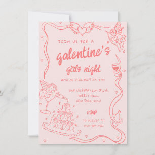 Pink Hand Drawn Galentine's Girls Night Party Invitation