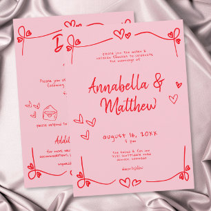 Pink Hand Drawn Heart Whimsical Modern Wedding Invitation