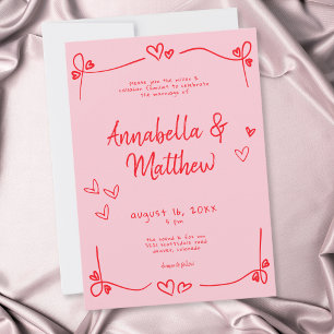 Pink Hand Drawn Heart Whimsical Modern Wedding Invitation