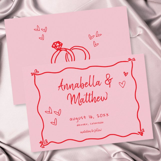 Pink Hand Drawn Heart Whimsical Modern Wedding  Save The Date (Pink Hand Drawn Heart Whimsical Modern Wedding Save The Date)