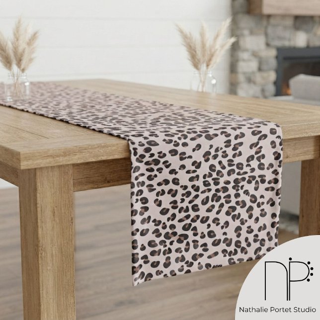 Pink Hand-Drawn Leopard Print Medium Table Runner (Trendy leopard print table runner for fashion girl party with hand-drawn spots on pastel pink)