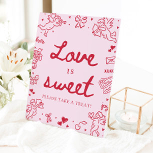 Pink Hand Drawn Modern Valentine Love is Sweet Pedestal Sign
