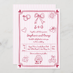 Pink hand drawn scribble doodle, stripes wedding invitation