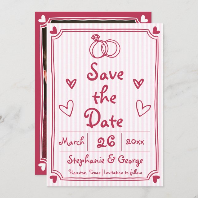 Pink hand drawn scribble doodle whimsical photo sa save the date (Front/Back)