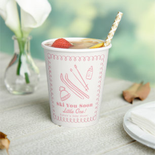 Pink Hand-Drawn Ski You Soon Girl Baby Shower Paper Cups