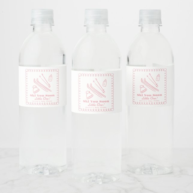 Pink Hand-Drawn Ski You Soon Girl Baby Shower Water Bottle Label (Bottles)