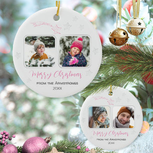 Pink Hand Drawn Stars Family 4 Photo Christmas Ceramic Ornament