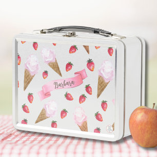 Pink Hand-Drawn Strawberry Ice Cream Whimsical Metal Lunch Box