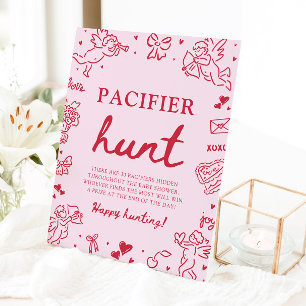Pink Hand Drawn Valentine Baby Pacifier Hunt Game Pedestal Sign