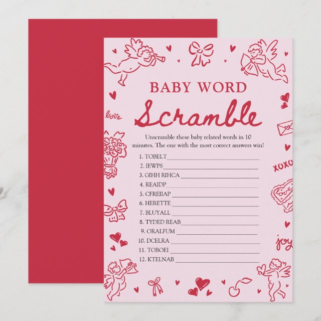 Pink Hand Drawn Valentine Baby Word Scramble Game Invitation (Front/Back)
