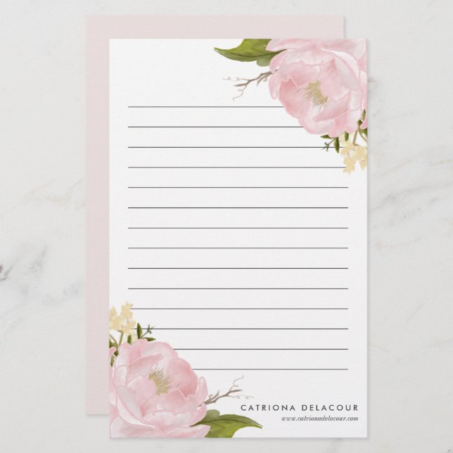 Pink Hand Drawn Watercolor Peonies Personalised Stationery (Front/Back)