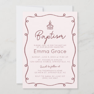 Pink Hand Drawn Whimsical Baptism Invitation