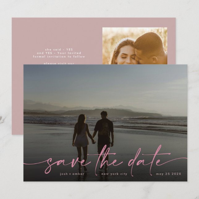 Pink Hand written Modern Photo Blush Dusty Save The Date (Front/Back)