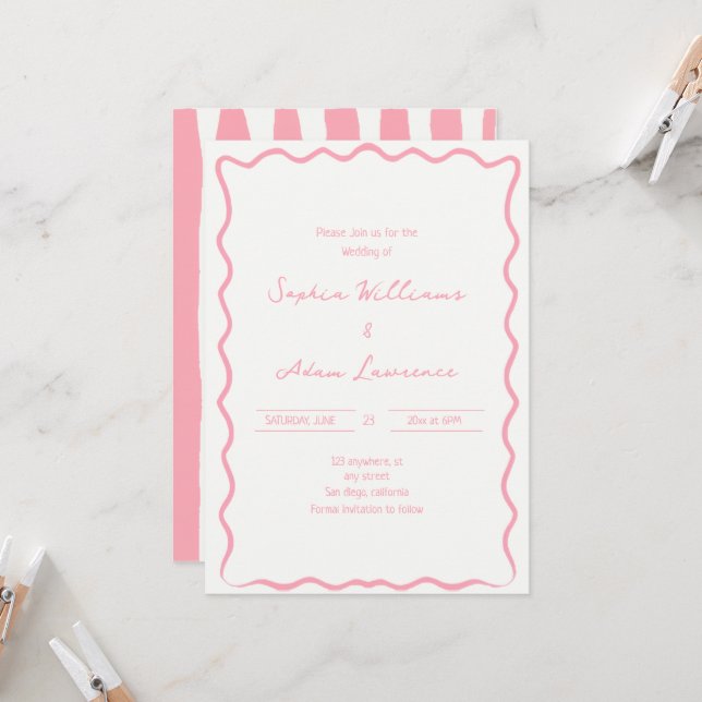 Pink Hand Written Pinstripes Whimsical Wedding Invitation (Front/Back In Situ)