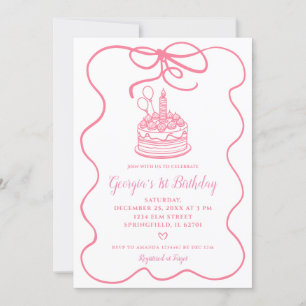 Pink Handdrawn Conquette Bow Girl's 1st Birthday Invitation
