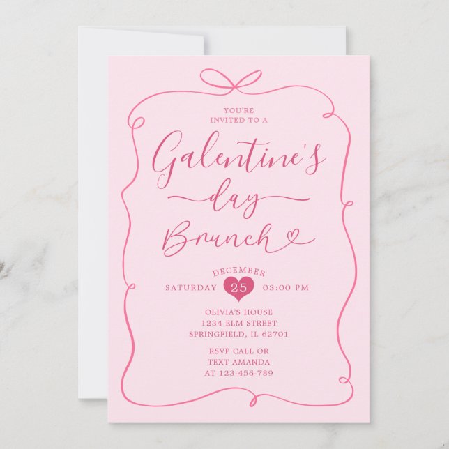 Pink Handdrawn Conquette Galentine's Day Brunch Invitation (Front)
