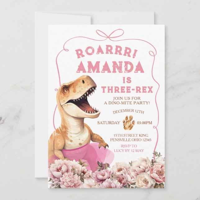 Pink Handdrawn Dinosaur Three-rex Floral Birthday Invitation (Front)