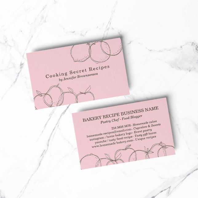 Pink handmade fruit sketch bakery recipe business card (bakery business  chef)