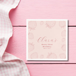Pink Handraw Minimalist Strawberry Birthday  Napkin
