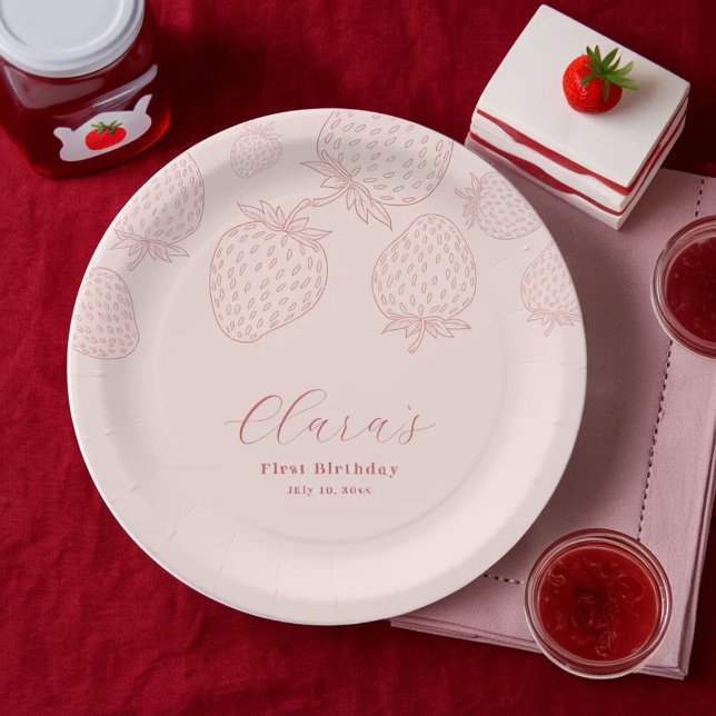 Pink Handraw Minimalist Strawberry Birthday Paper Plate (Creator Uploaded)