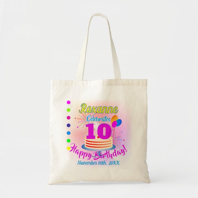 PINK Happy 10th Birthday | Editable Tote Bag (Front)