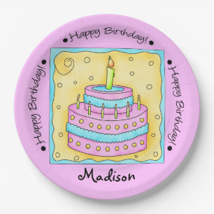 Pink Happy 1st Birthday Cake Name Personalised Paper Plate