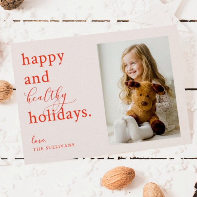 Pink Happy and Healthy 2021 Holiday Photo Card (Creator Uploaded)