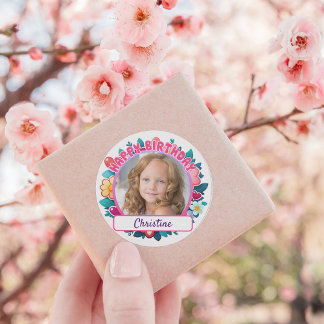 Pink Happy Birthday, flowers and hearts customizab Classic Round Sticker