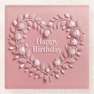 Pink Happy Birthday Flowers Heart Glass Coaster