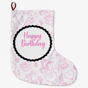 Pink Happy Birthday Gift – Cute Party Icon Large Christmas Stocking
