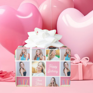 Pink Happy Birthday Girl Photo Collage Cute Teen Wrapping Paper