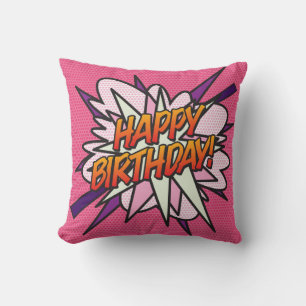 Pink Happy Birthday Modern Fun Photo Comic Book Cushion