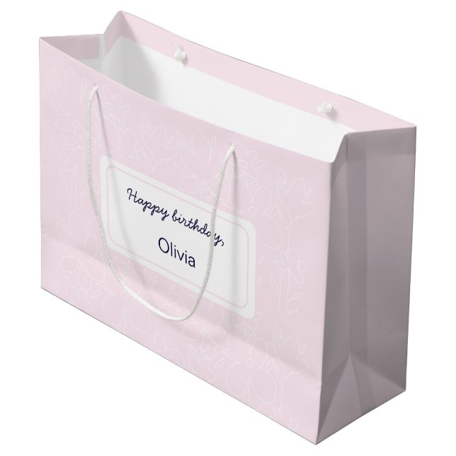 Pink Happy Birthday Wildflowers Pattern Large Gift Bag (Front Angled)