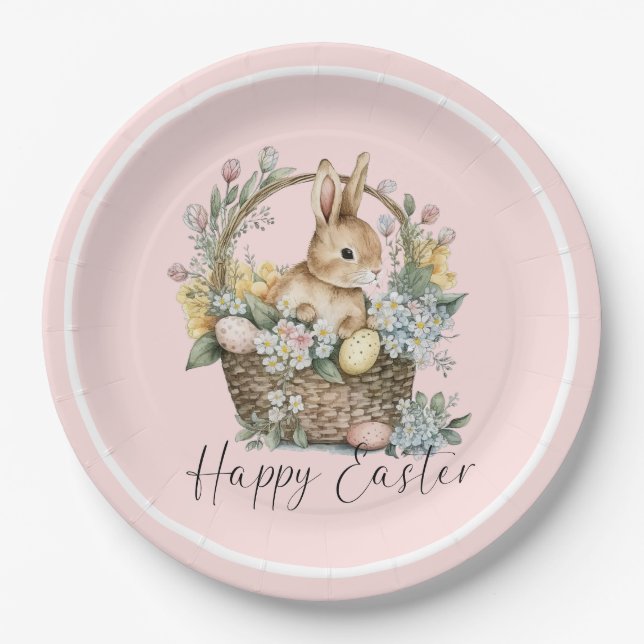 Pink Happy Easter Bunny Paper Plate (Front)