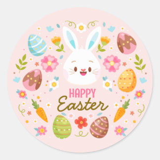 Pink Happy Easter BunnySpring  Floral  Classic Round Sticker