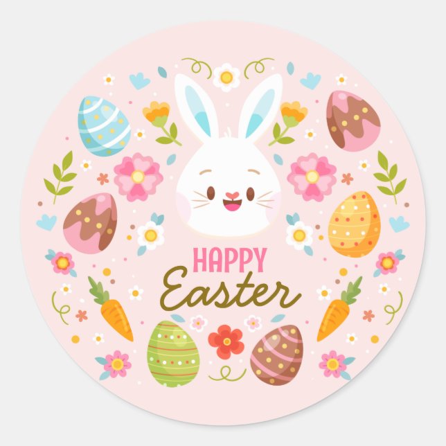 Pink Happy Easter BunnySpring  Floral  Classic Round Sticker (Front)