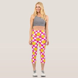 pink happy face check groovy capri leggings