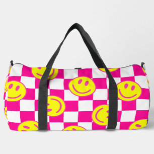 pink happy face check groovy duffle bag