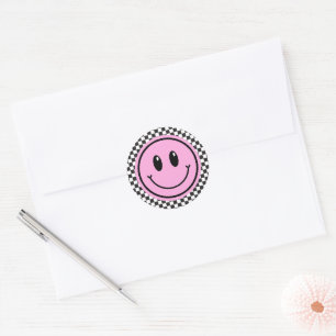 Pink Happy Face Checker Kids Birthday Classic Round Sticker