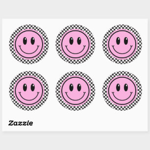 Pink Happy Face Chequered Kids Birthday Classic Round Sticker