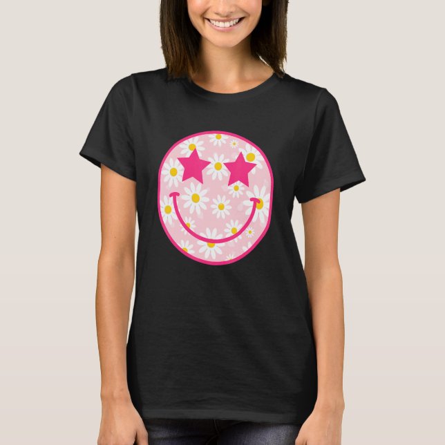 Pink Happy Face Daisy Flower Preppy Aesthetic T-Shirt (Front)