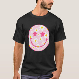 Pink Happy Face Daisy Flower Preppy Aesthetic Tre T-Shirt