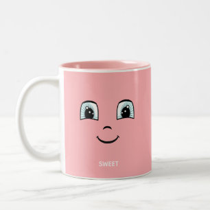 Pink Happy Face with Personalised Text & Monogram Two-Tone Coffee Mug