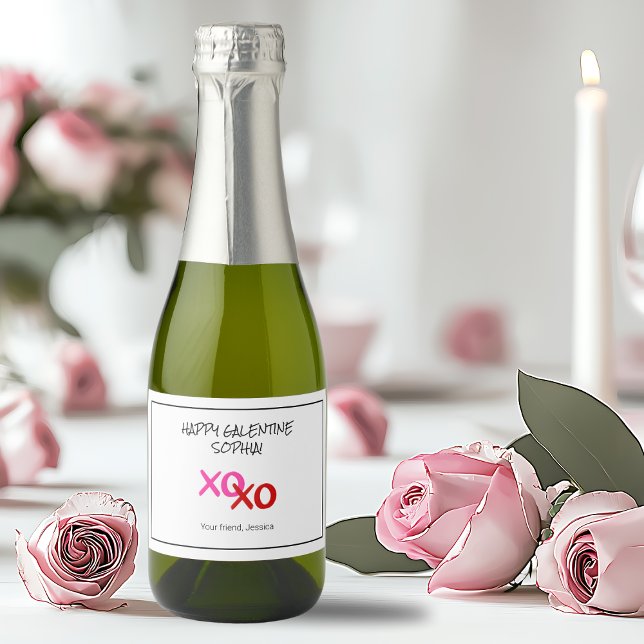 Pink Happy Galentine XOXO Hugs and Kisses Red Sparkling Wine Label (Pink Happy Galentine XOXO Hugs and Kisses Red Sparkling Wine Label)