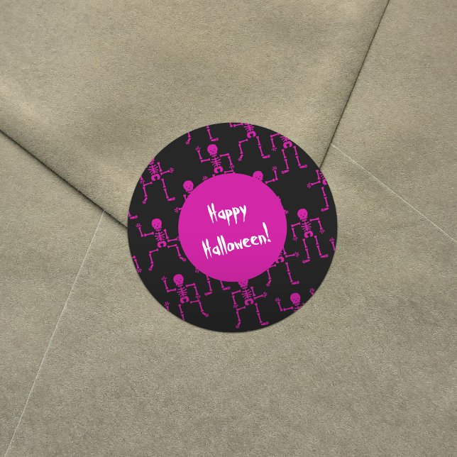 Pink Happy Halloween Dancing Skeletons Pattern Classic Round Sticker (Creator Uploaded)