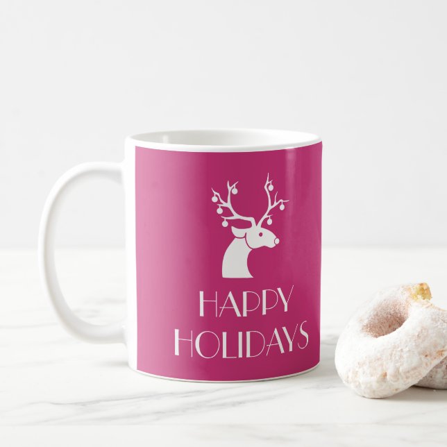 Pink HAPPY HOLIDAYS Christmas Reindeer Name Coffee Mug (With Donut)