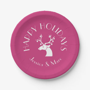 Pink HAPPY HOLIDAYS Christmas Reindeer Name Paper Plate