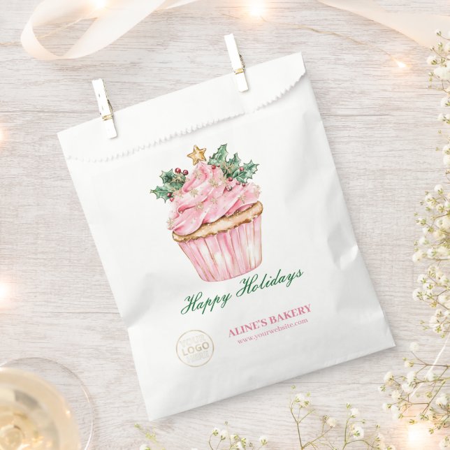 Pink Happy Holidays Custom Bakery Business Logo Favour Bag (Clipped)
